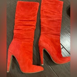 Fiery Red Leather Over the Knee Boots